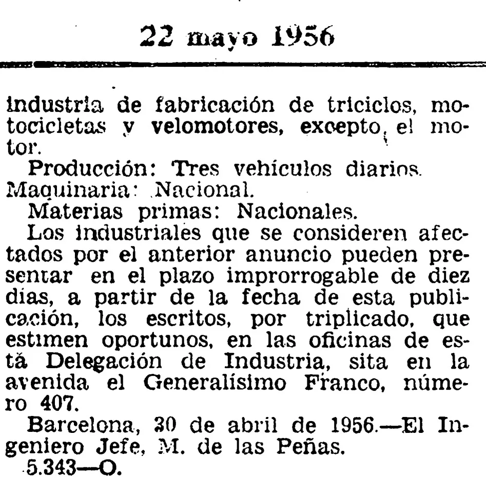 Publicació al Butlletí Oficial de l'Estat (BOE, 1956) · Huracán Motors